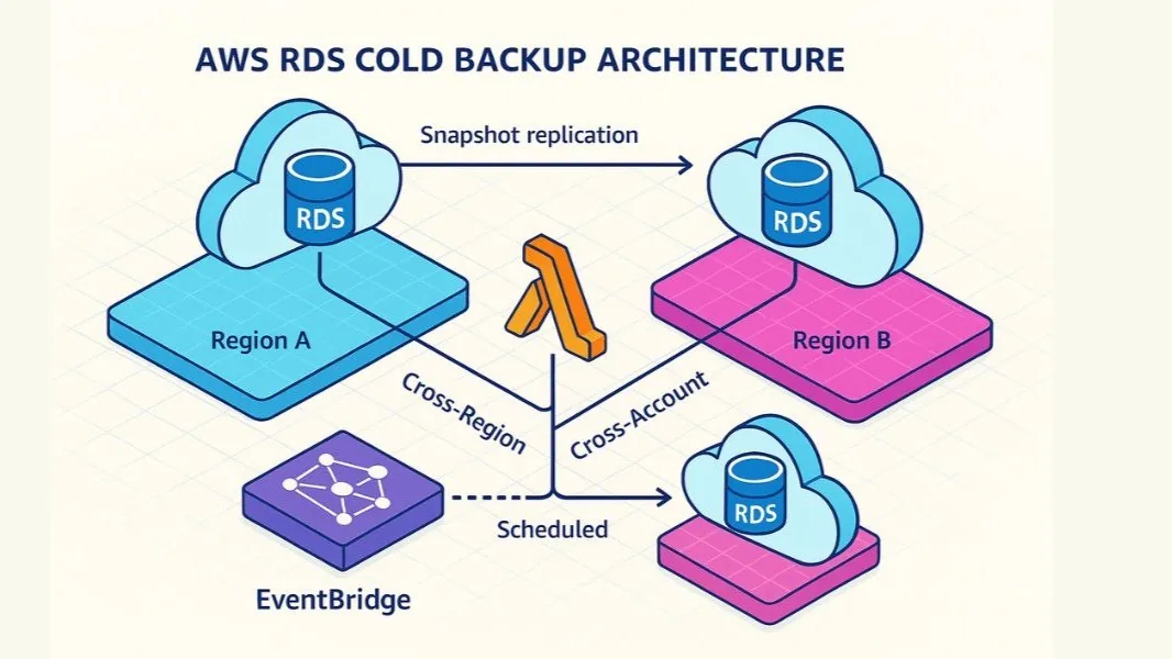 AWS RDS Cold Backup Architecture overview — daily snapshots scheduled by EventBridge in Region A, replicated via Lambda cross-region to Region B and cross-account to a separate DR account